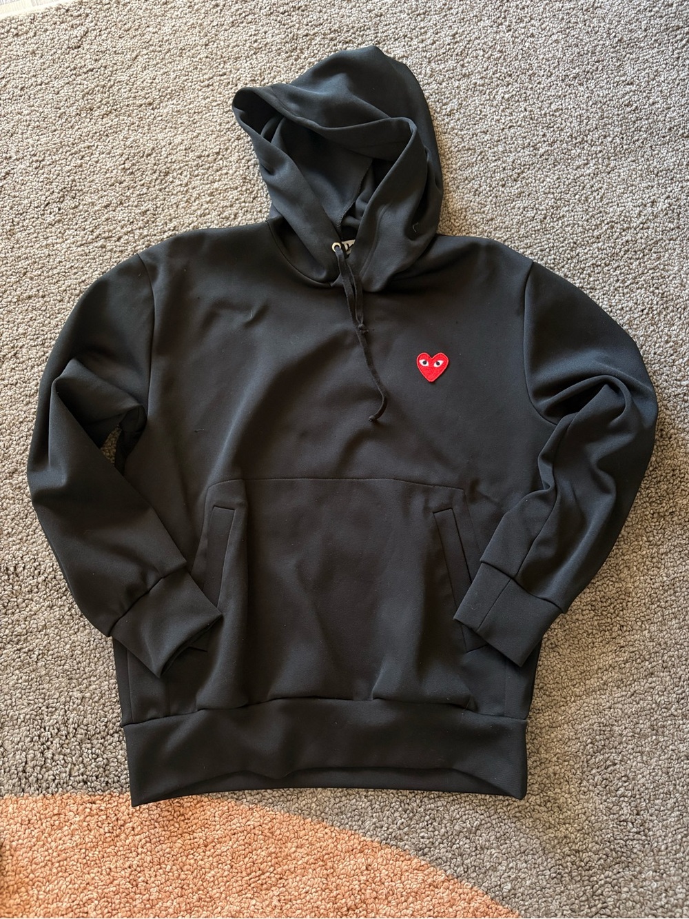 Comme des Garcons Play L Black Hoodie with Red Heart Emblem Minimalist